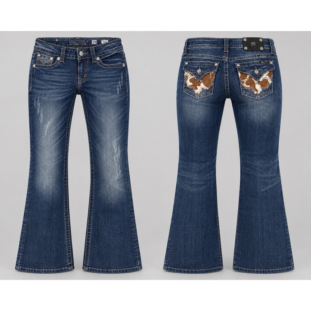 Miss Me Jeans  womens 29 mid rise Boot Embroidered  bown cow hide rhinestones